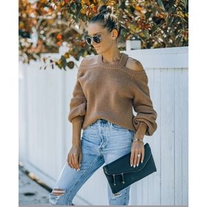 Malia Cold Shoulder Knit Sweater - Camel, L